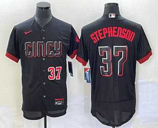 Men%27s Cincinnati Reds #37 Tyler Stephenson Number Black 2023 City Connect Flex Base Jersey